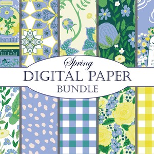 Könnte beinhalten: Ein digitales Papierpaket mit Frühlingsmotiv. Die Papiere zeigen Blumenmuster, Gingham-Karos und ein Schwanendesign. Der Text "Spring Digital Paper Bundle" ist auf einem Banner zu sehen.