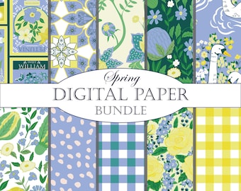 Papel digital de primavera, papel de álbum de recortes amarillo y azul, diseños florales sin costuras, descarga instantánea de Gingham, suministros de scrapbooking digital