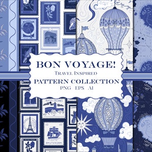 Bon Voyage Motivi blu e bianchi, Motivi ispirati ai viaggi, Francobolli per mongolfiere, Stampe di palme e mappe, Modelli senza cuciture, Ripetizione