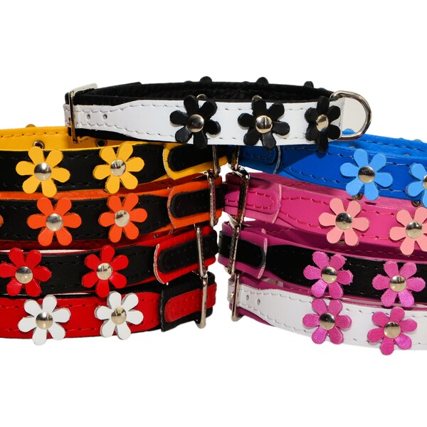 Leather Dog Puppy Collar Daisy FLOWER Decorated Colorful Handmade