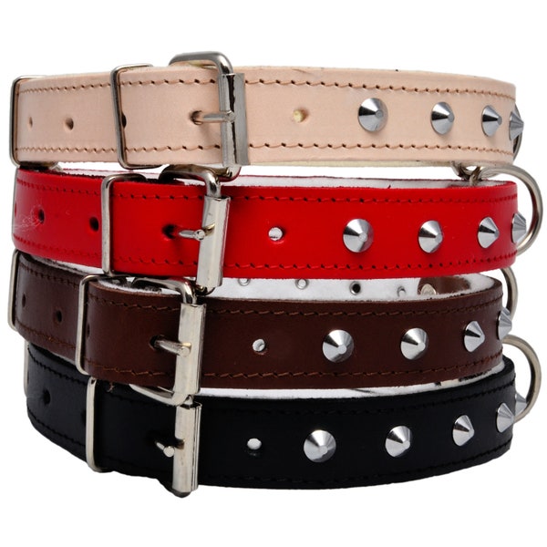 Studded Real Leather Dog Puppy Collars Brown Black Red