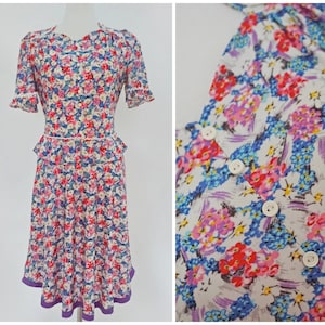 1960s Floral Tea Dress | Midi Length | Peplum Waist | Size Small