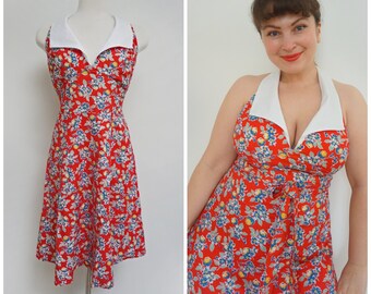 90s Floral Cotton Dress | Halterneck | Fifties Style Dress | Summer Beach Dress | Medium