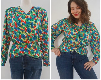80s Floral Wrap Blouse | Handmade | Wrap Blouse | Size Small