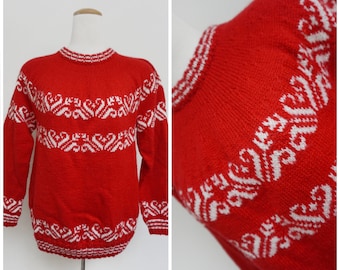 70s Handmade Fair Isle with Heart Pattern | 100% wool | Nordic Knit | Icelandic Jumper | Size medium