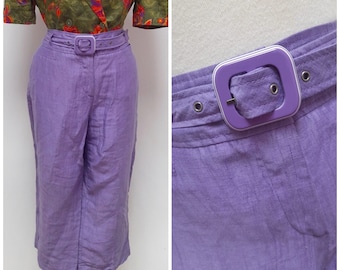 Pantalon violet des années 1980 avec ceinture | Jambe courte | Moyen à grand