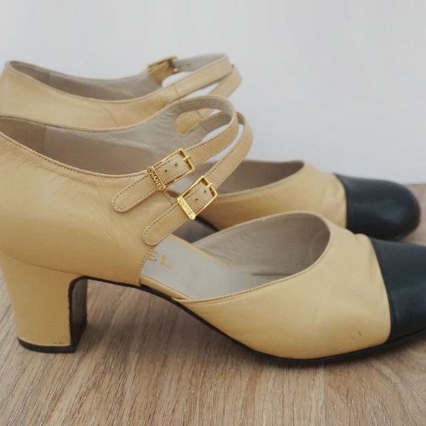 Rare Vintage Chanel Shoes | Authentic Chanel Mary Jane Shoes | Beige and Black Chanel | Size U.S. 8 EU 39