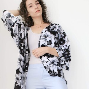 White Flowers on Black Silky Print Rayon Kimono Cardigan