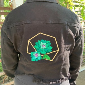Black Denim Jacket - Succulent Embroidery