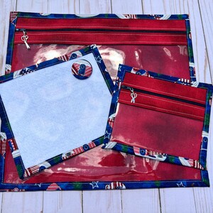 NEW Patriotic Camper Handmade project bag with matching small notions bag, thread bed, and needle minder