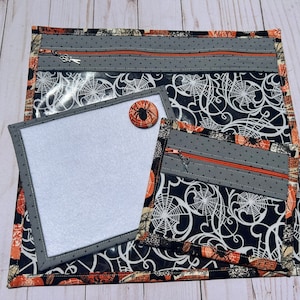 NEW Pumpkin spider Handmade project bag with matching small notions bag, thread bed, and needle minder