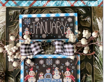 Truckin&#39; Along &quot;January&quot; by Stitching with The Housewives. Cross stitch chart. A Year of Vintage Trucks series.