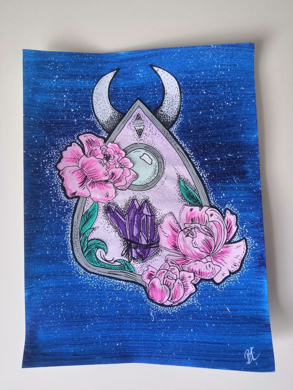 Peinture Illustration Ouija Planchette Moonlight Cristaux Pivoines