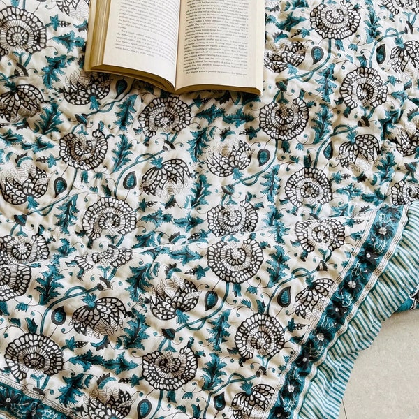 Indian Reversible Quilts/Jaipuri Razai/Soft Quilt/Hand Block Print Quilt /Jaipuri Famous Quilt/Queen size Quilt/Floral Quilt/Quilts/Indian