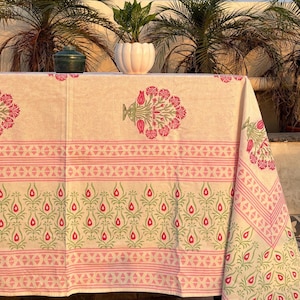 Handmade Indian Block Print Tablecloth: Floral Cotton Dining Table Cover