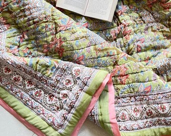 Reversible Jaipuri Razai, Hand Block Printed Green Quilt, Light Weight Soft Fine Quilt,Cotton Voile Quilt Floral Print With Cotton Filling
