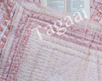 Hand Block Print Queen Quilt: Reversible Indian Cotton Rajai