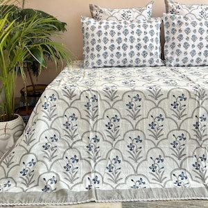 Block Print Cotton Dohar Quilt: Floral Jaipur Bedspread Throw