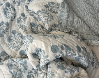 English Cottage Block Print Quilt, Powder Blue Floral Quilt, Frill Handmade Bedding, Dorm Decor