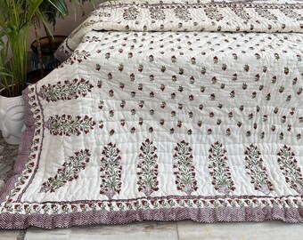 Handmade Jaipur Razai Quilt: Block Printed Cotton Comforter, Queen Size