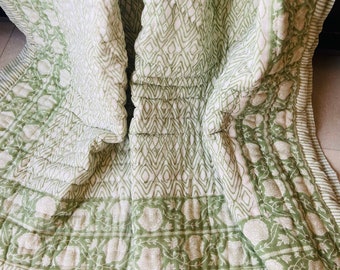 Hand Block Printed Cotton Quilt: Reversible Green Floral Razai