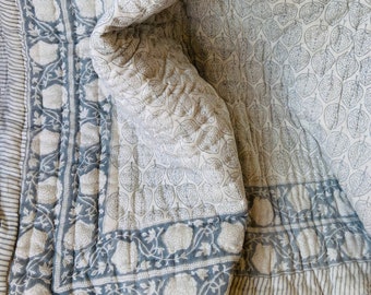 Hand Block Printed Cotton Quilt: Indian Floral Bedding, Reversible Rajai