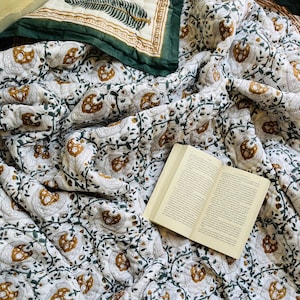 Hand Block Printed Cotton Quilt: Reversible Floral Razai Blanket