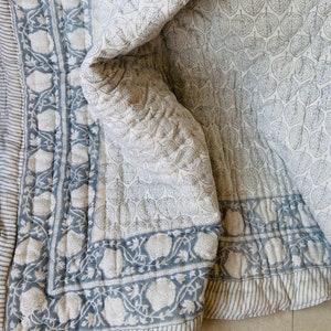 Hand Block Printed Cotton Quilt: Indian Floral Bedding, Reversible Rajai