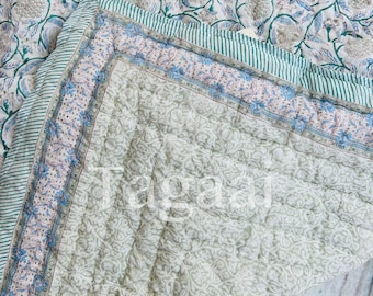 Edredón de algodón con estampado de bloques de mano: Jaipuri Razai floral reversible