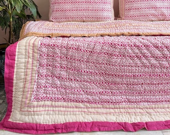 Block Print Pink Cotton Quilt: Reversible Floral Jaipur Razai