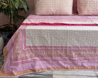 Handmade Block Print Cotton Bed Throw: Indian Pink Floral Blanket