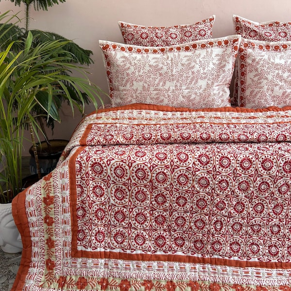Hand Block Print Queen Quilt: Floral Cotton Bedspread
