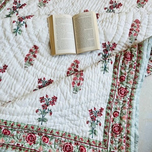 Indian Reversible Quilts/ Handmade Block Printed Cotton Quilt/ Boho Floral Printed Blanket/ Soft Quilted Bedding/ Warm Handmade Quilt/ Gifts
