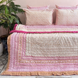 Hand Block Print Queen Quilt: Indian Kantha Cotton Bedspread