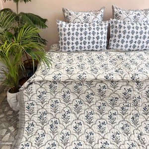 Hand Block Print Baumwolle Quilt: Blau Grau Floral King-Size Bettwäsche