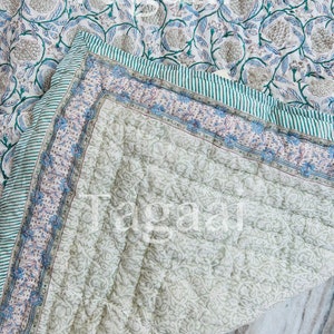 Hand Block Print Cotton Quilt: Reversible Floral Jaipuri Razai