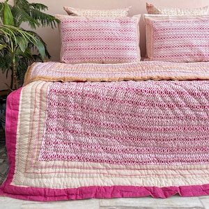Block Print Pink Quilt Indian Reversible Jaipur Razai Cotton Voile Handmade Floral Quilt,Jaipuri razai Comforter Bedspread Mother&#39;s Day Gift
