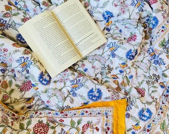 Edredón de algodón con estampado a mano: reversible, tamaño Queen, Jaipuri Razai