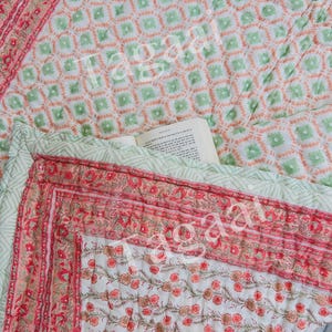 Reversible Block Printed Cotton Quilt: King Size Floral Bedspread