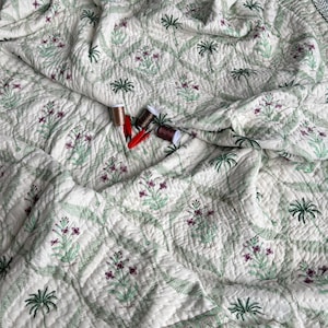 Jaipur Block Print Cotton Quilt: Reversible Palm Tree Bohemian Bedspread