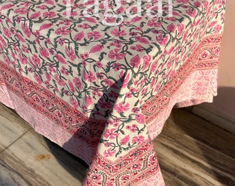 Green, Light Pink and White Indian Floral Hand Block Printed Cotton Cloth Tablecloth, Table Cover, Farmhouse Wedding Christmas Gifts