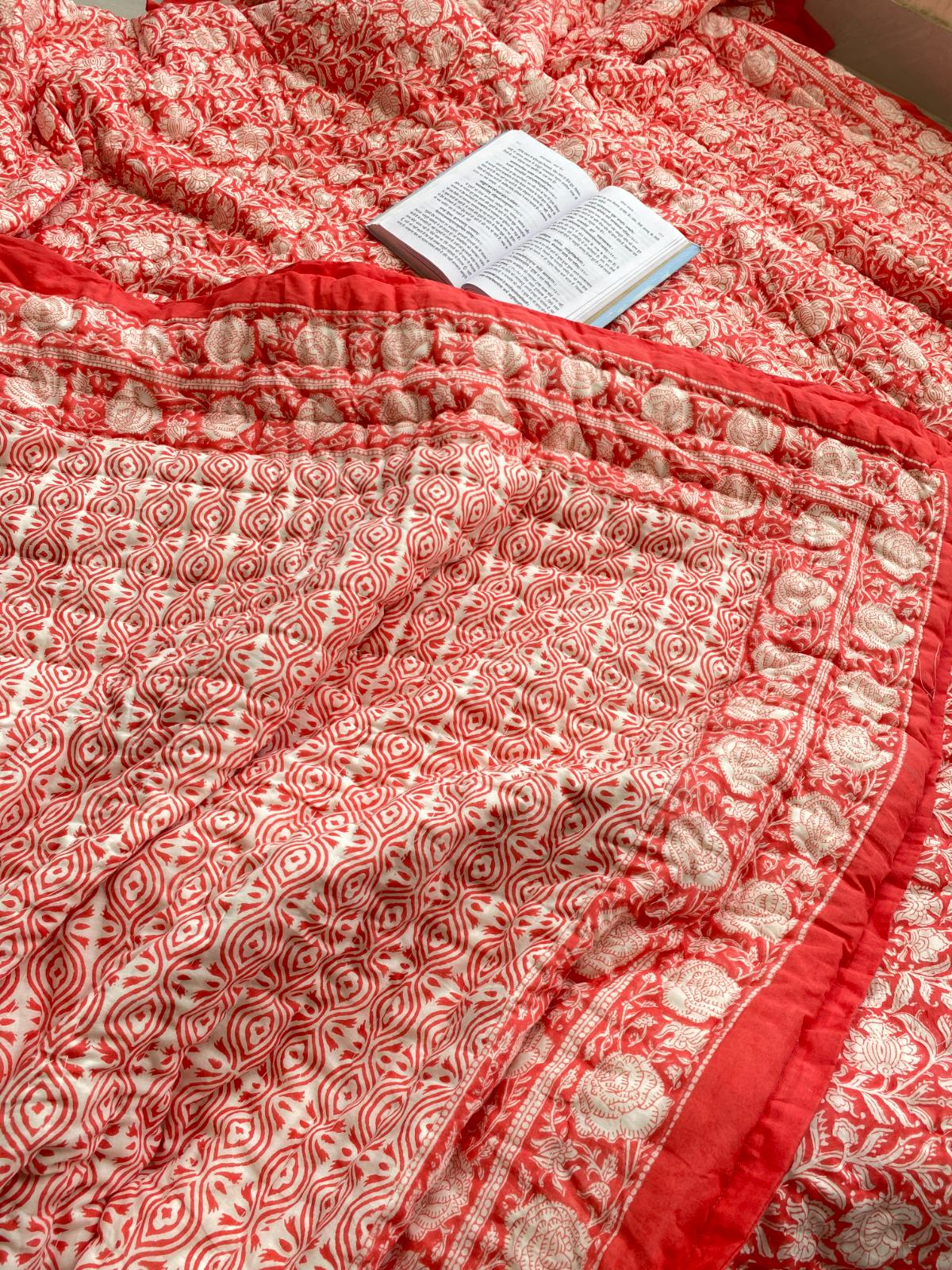 Red Razai Red Floral Block Print Cotton Quilt, Bohemian Jaipuri Razai - Etsy