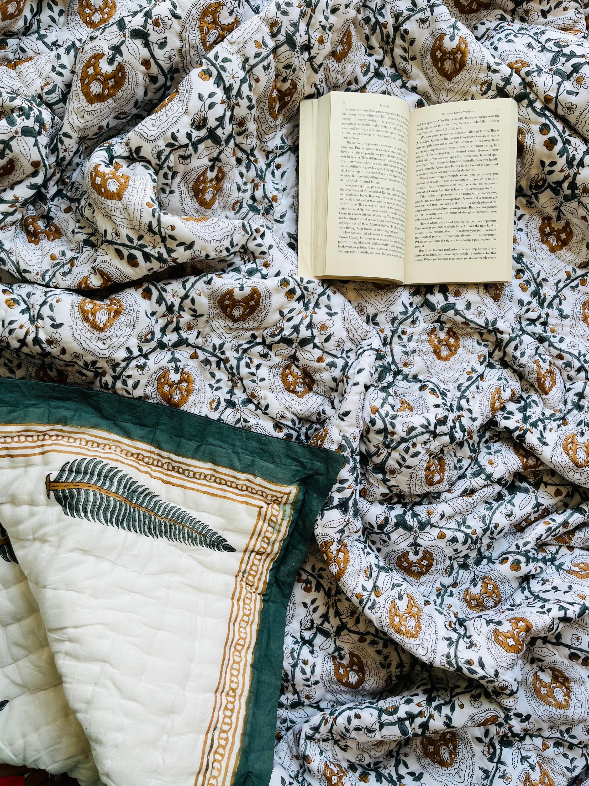 Hand Block Printed Cotton Quilt: Reversible Floral Razai Blanket