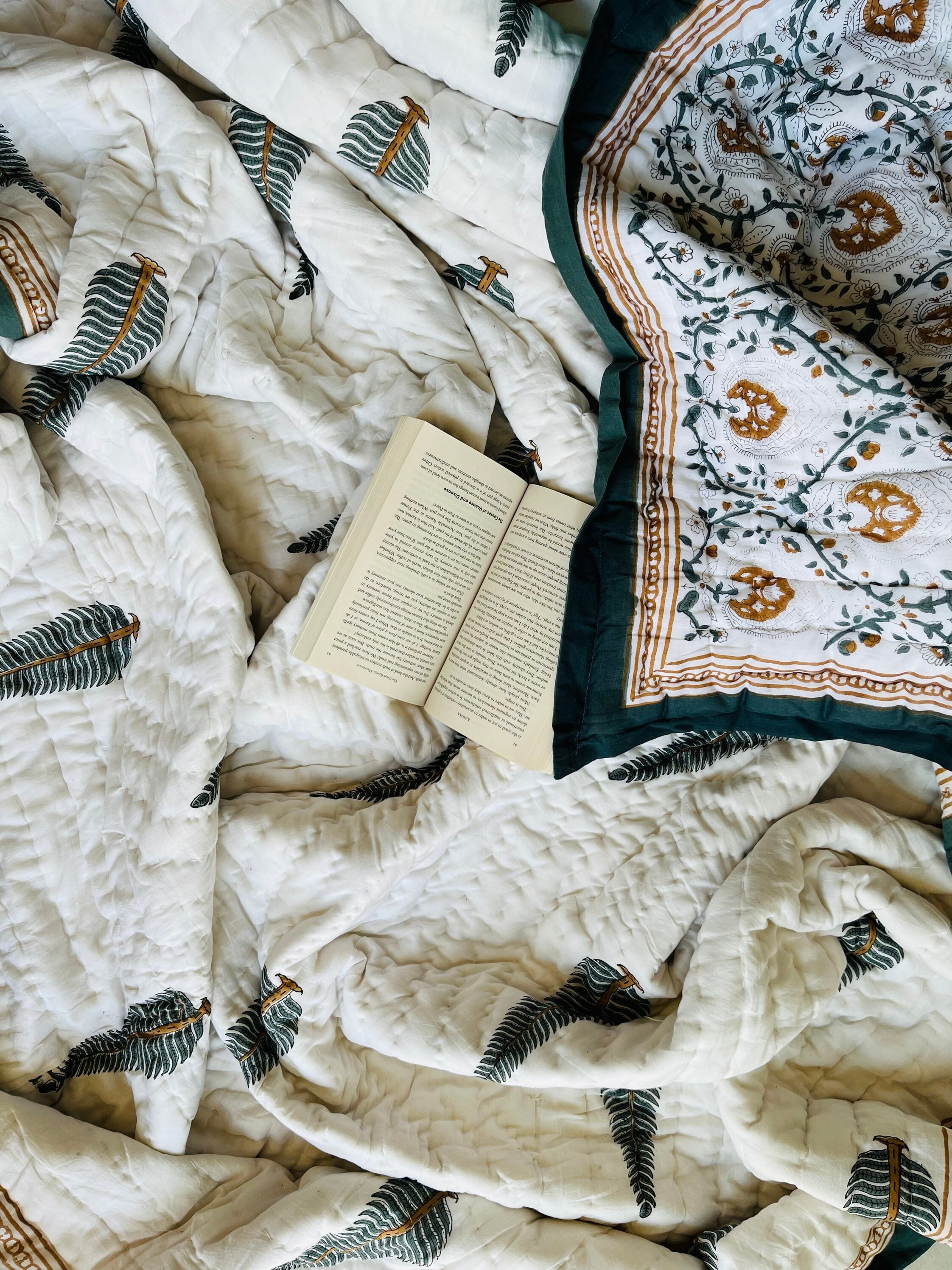 Hand Block Printed Cotton Quilt: Reversible Floral Razai Blanket