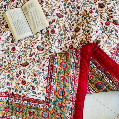 Handblock Print Handmade Queen Floral Cotton Quilted Quilt Etsy