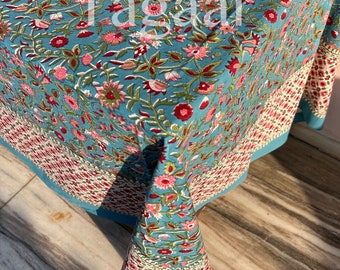 Indian Blue Poppy Flower Block Print tablecloth Cotton Table Cover Table Runner Linens, Kitchen Dining Table Boho Decor, Mothers day Gift