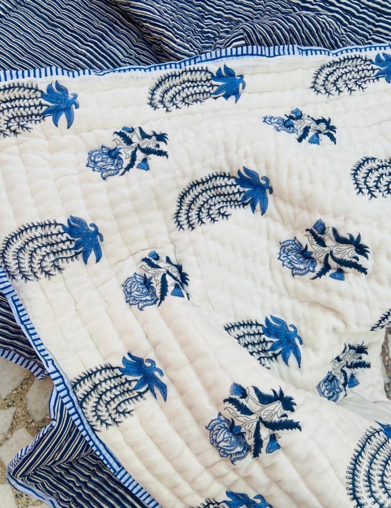 Hand Block Print Quilted Bedspread, Queen Quilt, Indian Cotton Quilt