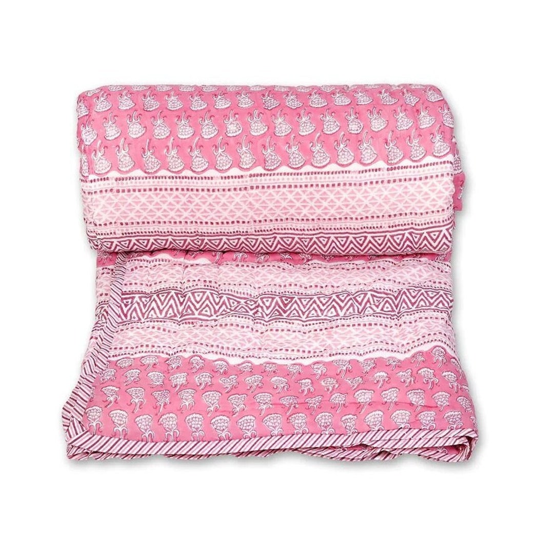 Hand Block Print Quilted Bedspread,indian Cotton Kantha Quilt Throw