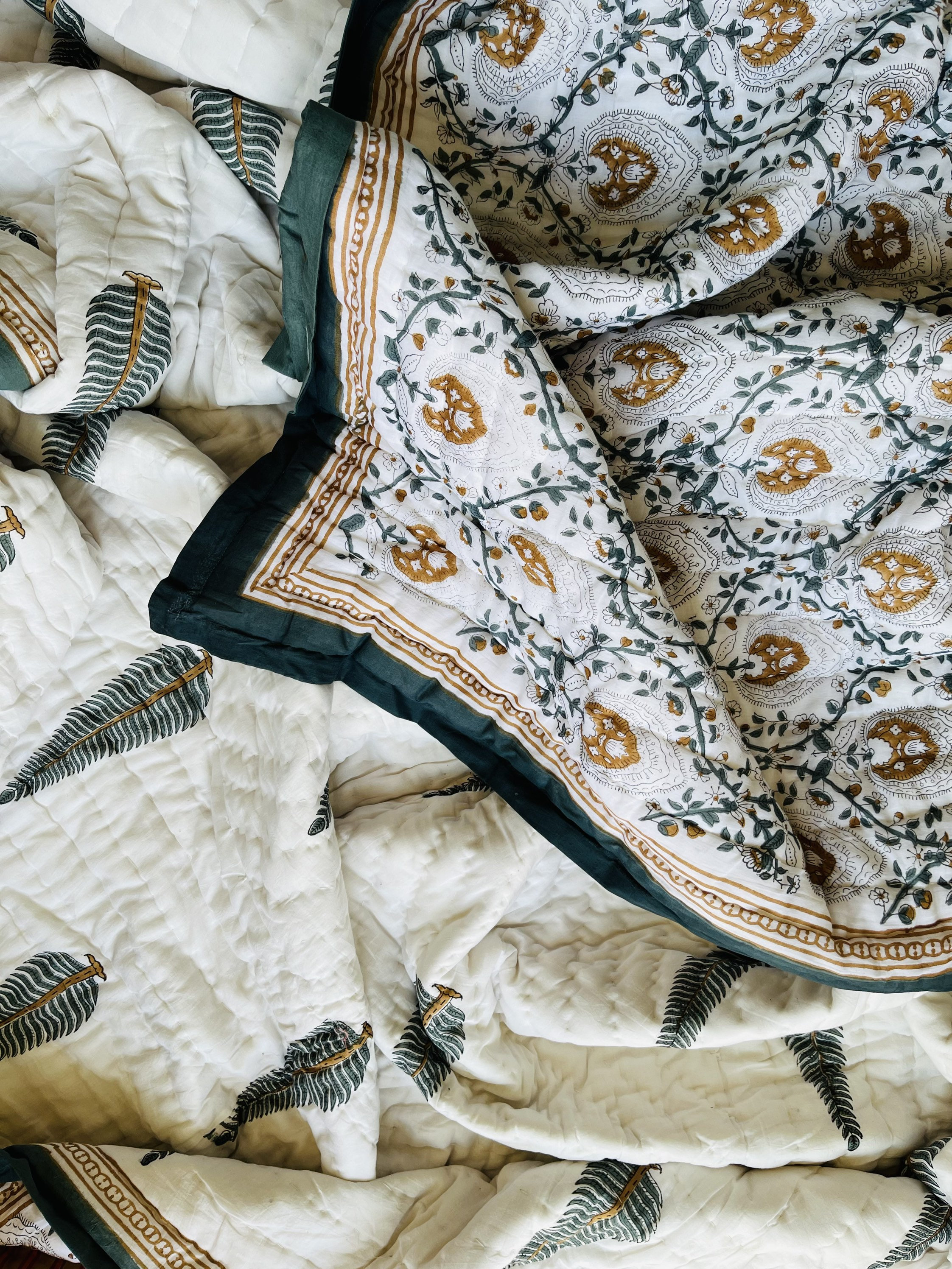 Hand Block Printed Cotton Quilt: Reversible Floral Razai Blanket