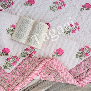 Hand Block Print Quilt Floral, Handmade Quilt in soft Cotton, Pink king size Reversible quilt, Queen size quilt, Made in India quilt, Gifts